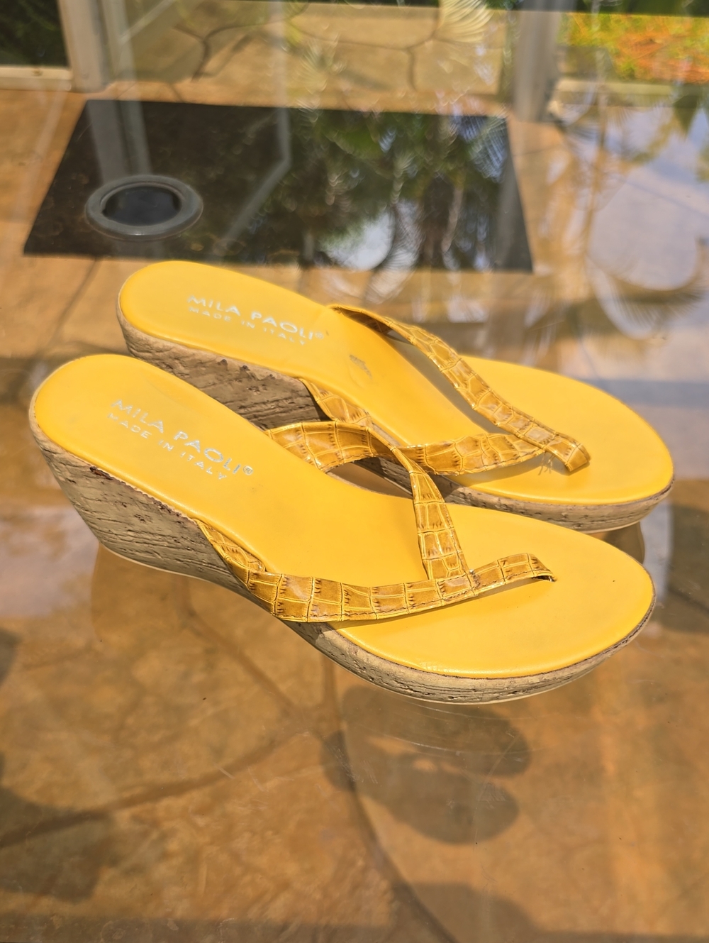 Mila Paoli Yellow Croc-Embossed Wedge Thong Sandals